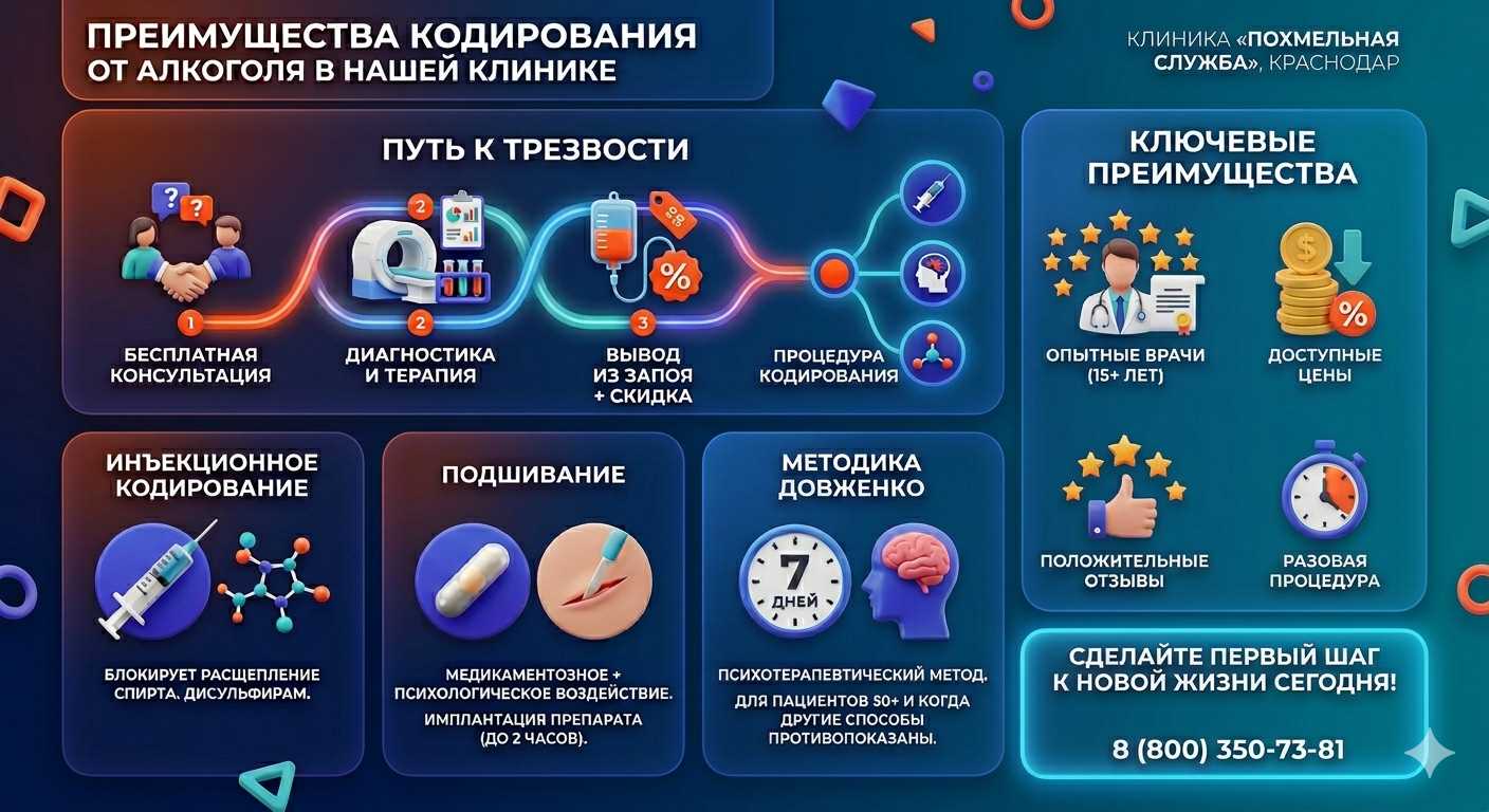 Инфографика о методах кодирования от алкоголя в Саратове: инъекции, подшивание, метод Довженко. Преимущества клиники и этапы лечения.