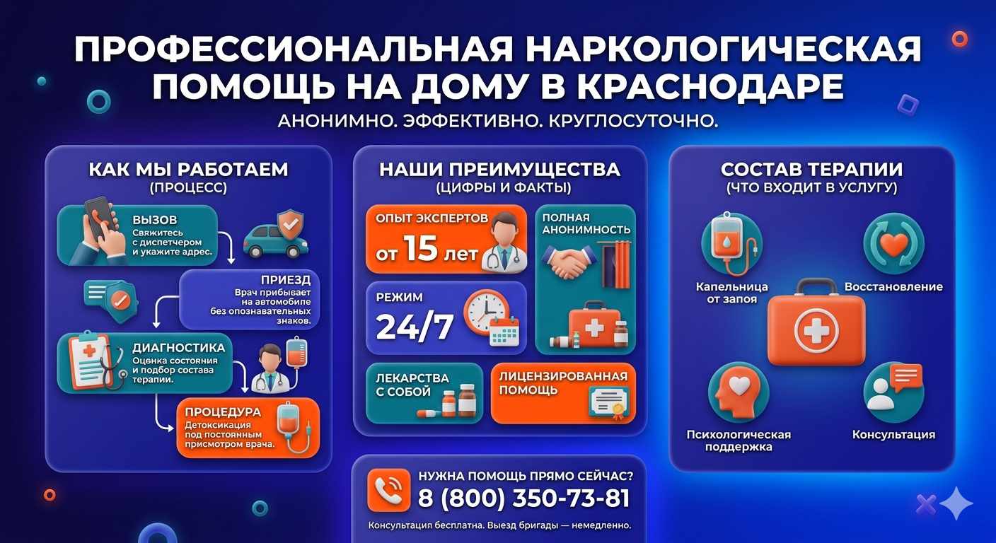 Инфографика о принципах лечения алкоголизма на дому в Саратове: этапы вызова нарколога, преимущества анонимной детоксикации и состав медицинской помощи.